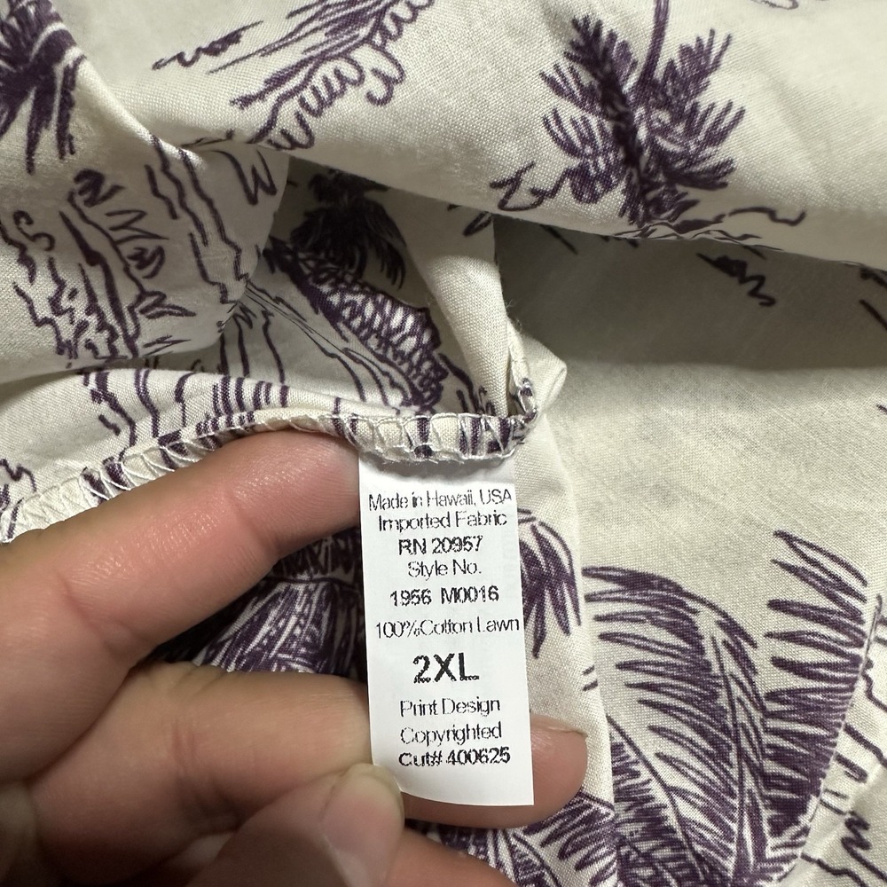Tori Richard 2XL Aloha Shirt Cotton Coastal Engraving Purple Palm Tree Scenic - Picture 9 of 11